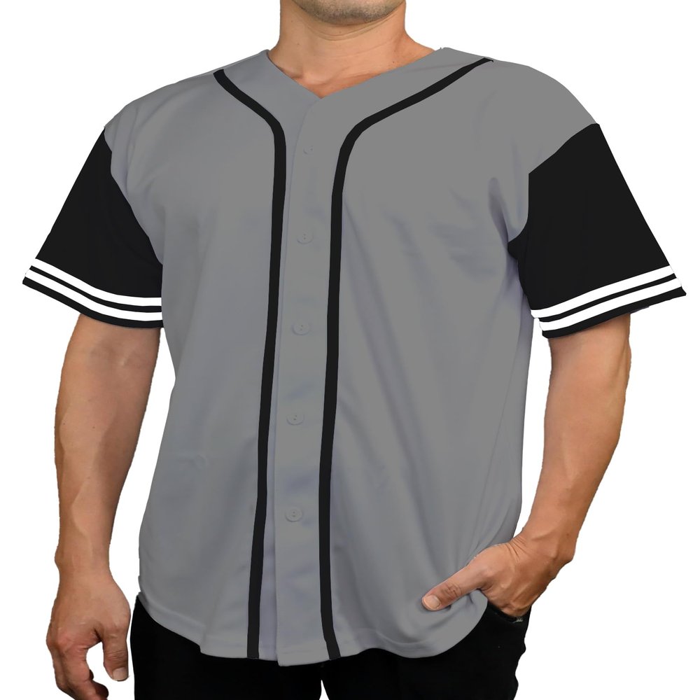 DIGITMON Men's Baseball Jersey Button Down Premium Two-Striped T Shirts Sports Uniform, GREYBLACK Large