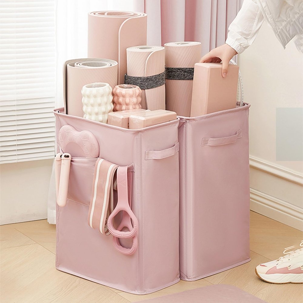 Vibeo Yoga Mat Holder High-Density Cloth Yoga Mat Basket with Pocketed, Home Gym Yoga Mat Holder for Foam Roller, Workout Equipment Corner Storage Organizer(Pink)