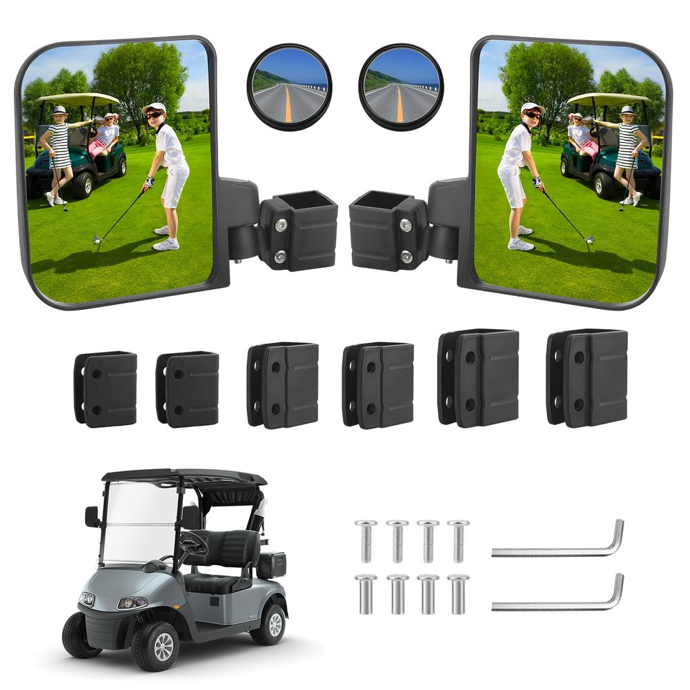 Omgro Golf Cart Side Mirrors for EZGO Club Car Yamaha, No Drilling HD-Shatterproof Golf Cart Mirrors Side View with Blind Spot Mirrors & 3 Size Clips (Fit 0.75-1.25in Square Rails)