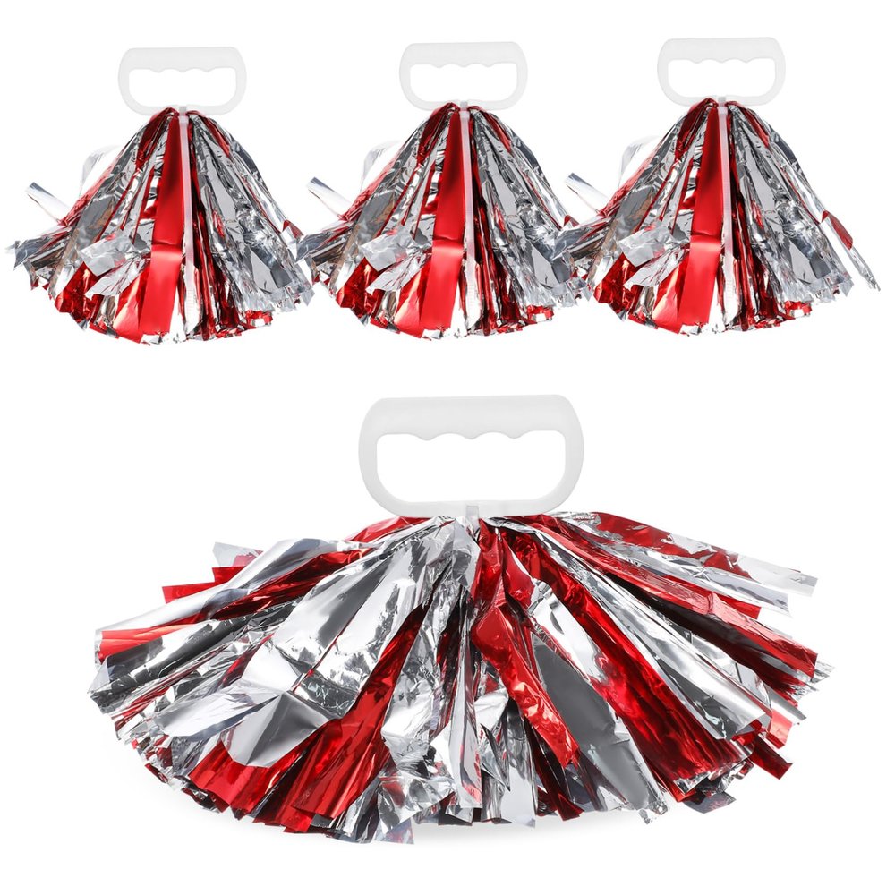 BIUDECO 4pcs Cheerleader Pompoms Lightweight Metallic Handheld Cheerleading Accessories for Dance Sports Teams and Events Full Fluffy Design with Easy Grip Finger Rings