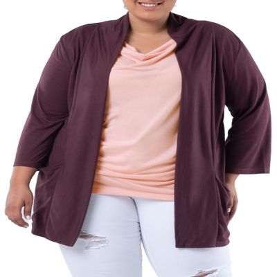 Wright's Women's Plus Size 3/4" Sleeve Draped Open Front Jersey Pocket Cardigan, Burgundy, 3X
