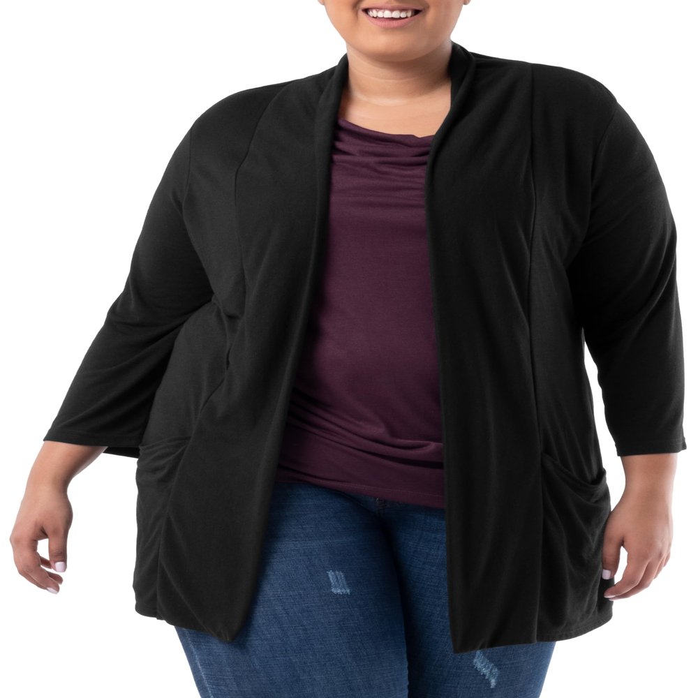 Wright's Women's Plus Size 3/4" Sleeve Draped Open Front Jersey Pocket Cardigan, Black, 4X