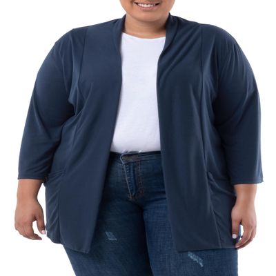Wright's Women's Plus Size 3/4" Sleeve Draped Open Front Jersey Pocket Cardigan, Navy, 3X