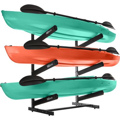 RAD Sportz Kayak Storage Rack - 3-Level Freestanding Adjustable Stand with Padded Arms and 300lb Capacity for Canoes, SUP, or Paddleboards (Black)