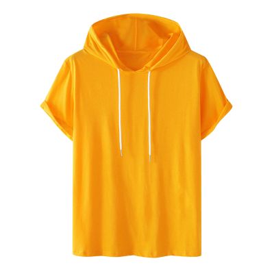 NineFit Basics Mens Short Sleeve Hoodie Plus Size Sweatshirts Casual Solid Drawstring Pullover Fashion Sports Workout Hoodie T-Shirt Yellow, XX-Large