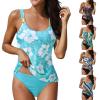 high Waisted Tummy Control Swimsuit Tankini Swimsuits for Women 2024 Summer Trendy One Piece Boho Floral Swimsuit Sexy Tummy Control Bathing Suits one Piece Swimsuit with Cover up Light Blue XL view 1