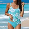 high Waisted Tummy Control Swimsuit Tankini Swimsuits for Women 2024 Summer Trendy One Piece Boho Floral Swimsuit Sexy Tummy Control Bathing Suits one Piece Swimsuit with Cover up Light Blue XL view 2