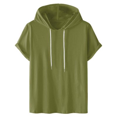 Men's Shirts Short Sleeve Hoodie Workout Gym Sweatshirt Muscle Fit Fashion Athletic Pullover Casual Loose T-Shirts Army Green