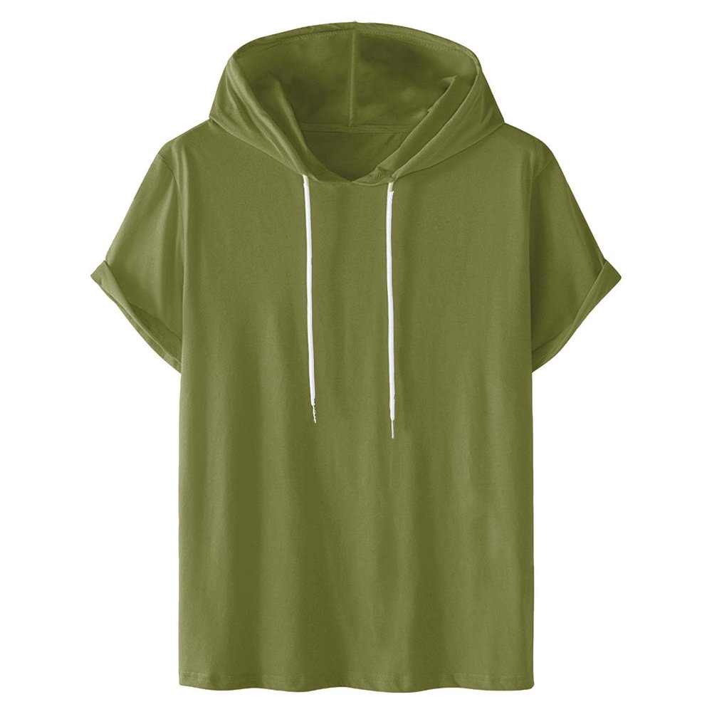 Men's Shirts Short Sleeve Hoodie Workout Gym Sweatshirt Muscle Fit Fashion Athletic Pullover Casual Loose T-Shirts Army Green