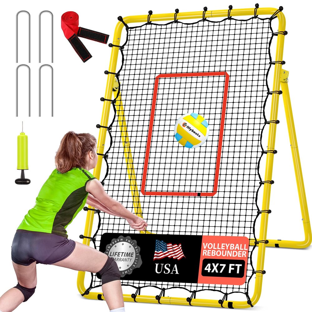 Adjustable Volleyball Rebounder Net 7x4 ft with PU Volleyball and Stakes - Bounce Back Training Equipment for Practicing Volleying, Bumping, Spiking, Easy Set Up & Steady for Multi Sports (Yellow)
