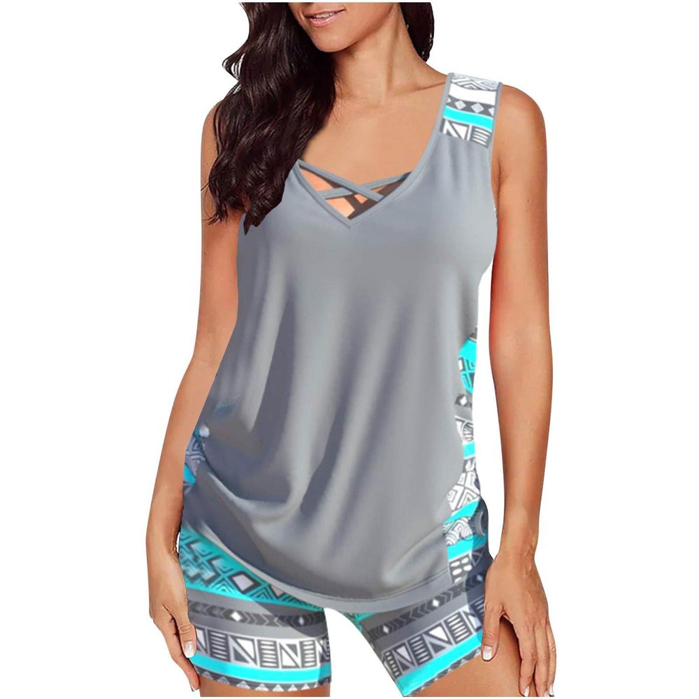 Sexy 1 Piece Bathing Suits for Women Swim Suits for Women 2024 Two Piece High Waisted Tummy Control Tankini Swimsuits Athletic Bathing Suits with Shorts 2 Piece Swimsuit for Women Plus Size Gray 2X