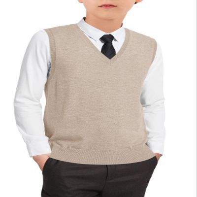 Boys Sweater Vest Kids Solid School Uniform Sleeveless Knit Sweaters Tops 5-14 Years Khaki