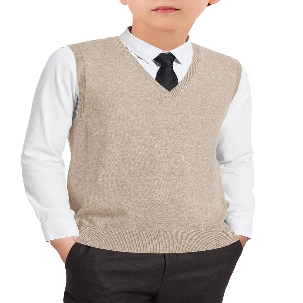 Boys Sweater Vest Kids Solid School Uniform Sleeveless Knit Sweaters Tops 5-14 Years Khaki