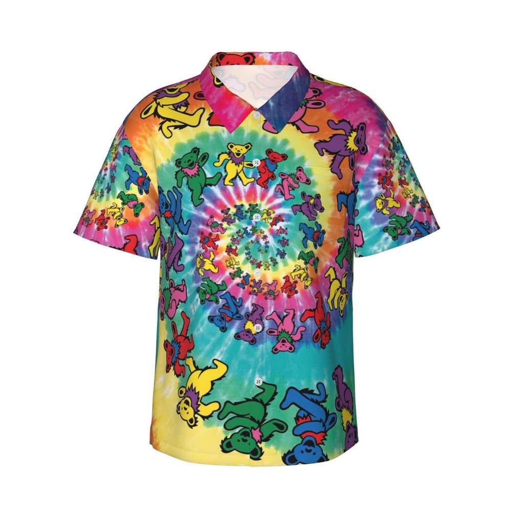 JIPOFD Dancing Thanksgiving Bear Men's Hawaiian Shirt Short Sleeves Button Down Summer Beach Casual Shirts Black
