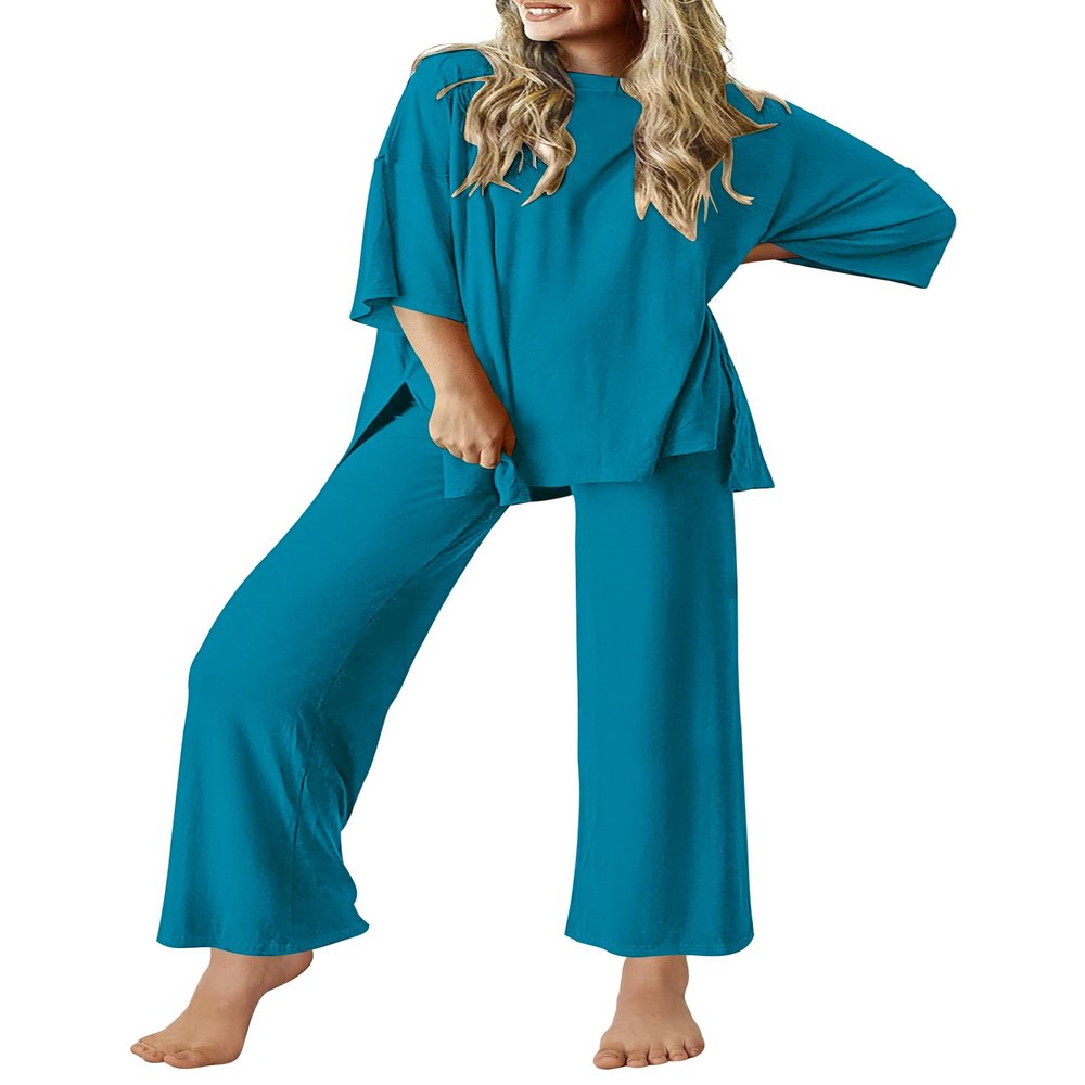 Ekouaer Lounge Sets for Women Short Sleeve Tops and Long Pants Soft Comfy Pajamas Set 2 Piece Outfits,Blue Green,S