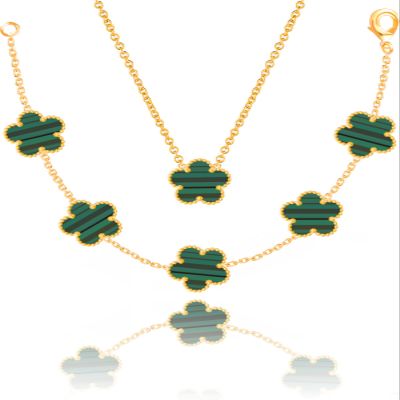 Qinpan Four Leaf Clover Necklace and Bracelet Set for Women Lucky Flower 14K Gold Jewelry (Green Stripe-14K Gold)