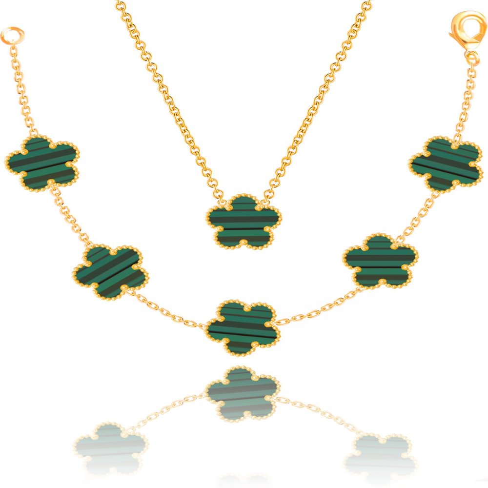 Qinpan Four Leaf Clover Necklace and Bracelet Set for Women Lucky Flower 14K Gold Jewelry (Green Stripe-14K Gold)