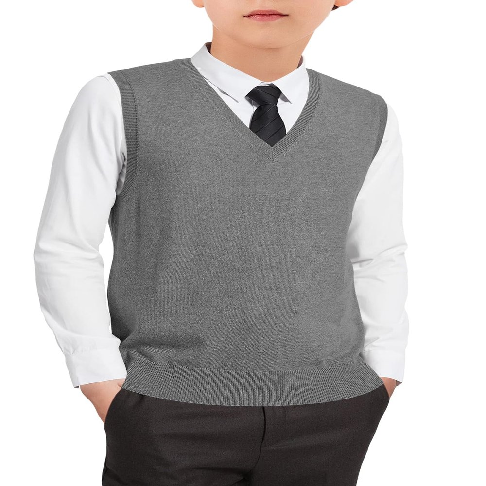 Boys Sweater Vest Kids Solid School Uniform Sleeveless Knit Sweaters Tops 5-14 Years Grey