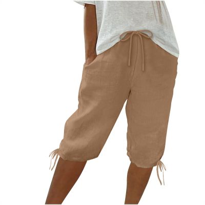 Women Linen Shorts Summer Knee Length Pants Elastic Waist Bermuda Shorts Beach Capris Sweat Lounge Shorts with Pockets Womens Plus Size Cotton Half Pant 2024 Outfits for Business Casual Work Vacation