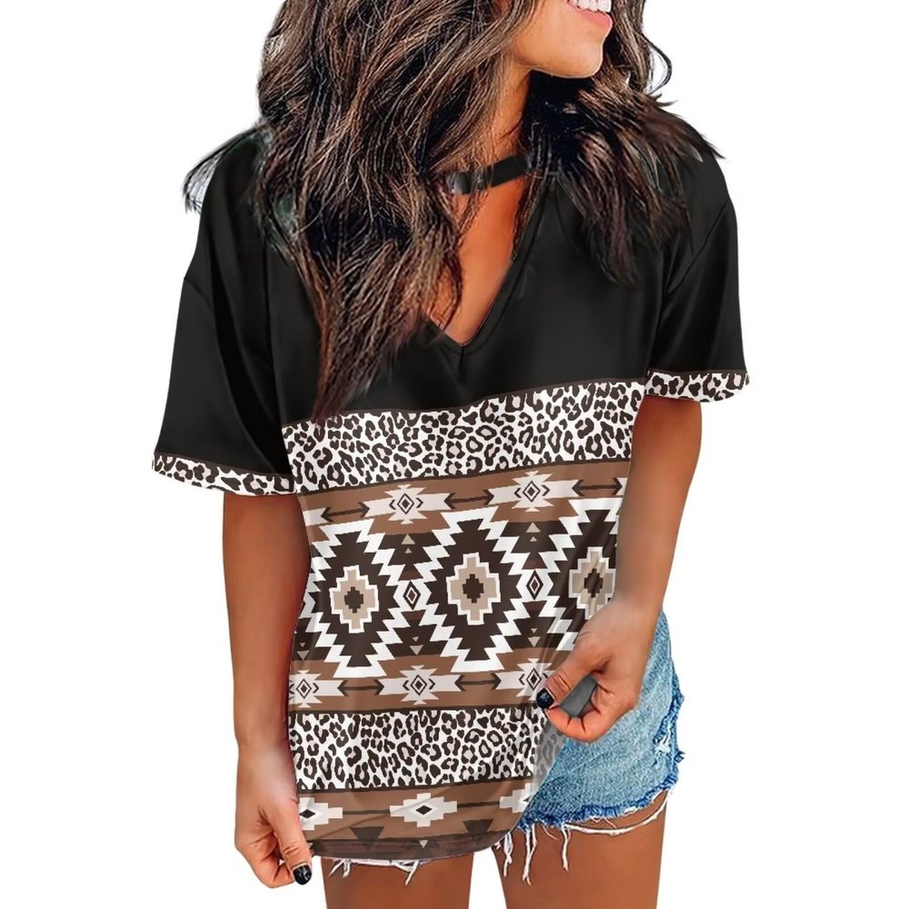 Hdjxbdhsv Women's Retro Aztec PrintV-Neck Choker Short Sleeve T-Shirts Aztec Cow Western Top Blouse