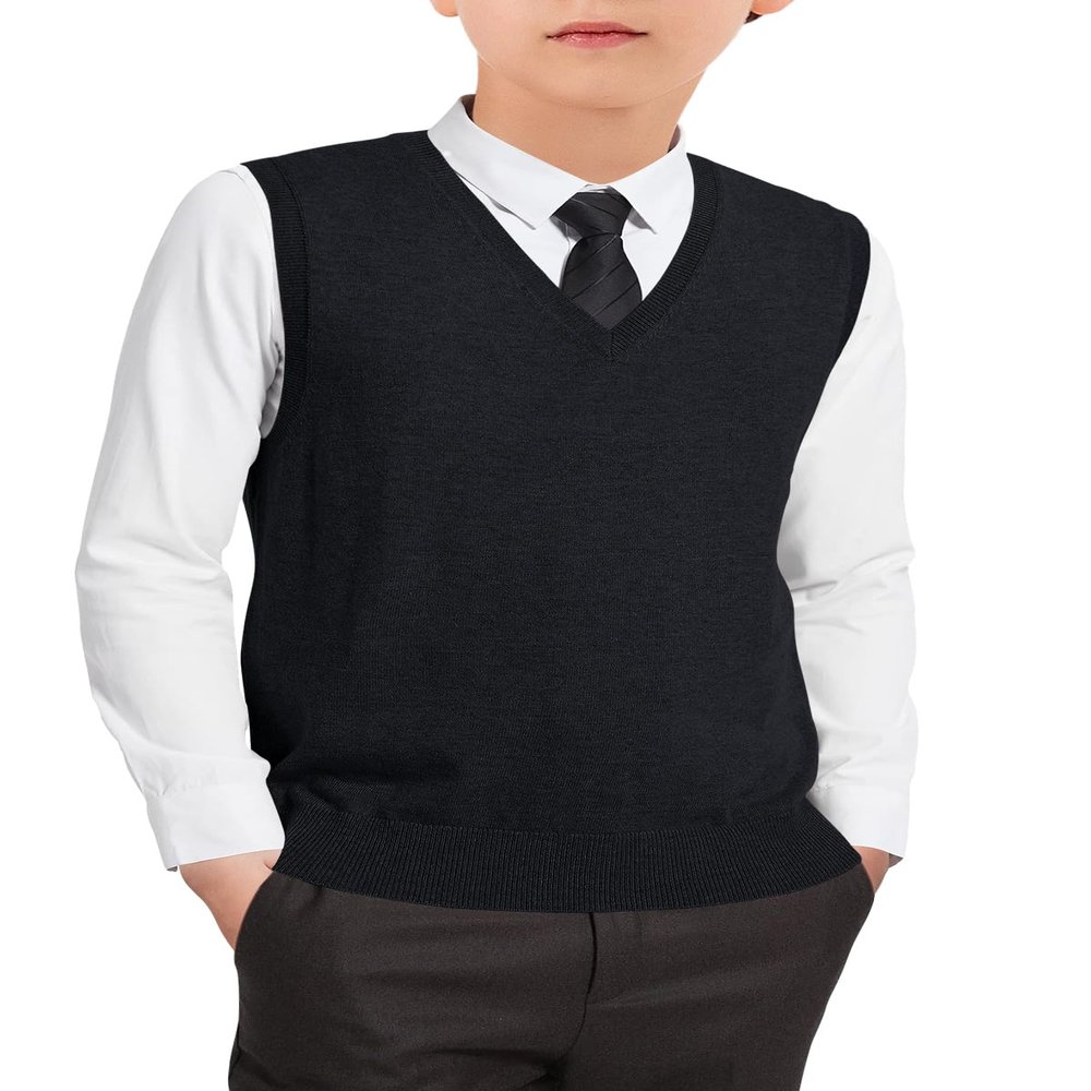 Boys Sweater Vest Kids Solid School Uniform Sleeveless Knit Sweaters Tops 5-14 Years Black