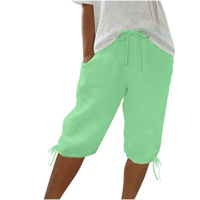 Women Linen Shorts Summer Knee Length Pants Elastic Waist Bermuda Shorts Beach Capris Sweat Lounge Shorts with Pockets Womens Plus Size Cotton Half Pant 2024 Outfits for Business Casual Work Vacation