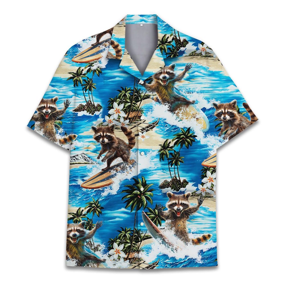 Funny Surfing Raccoon Hawaiian Shirt Casual Tropical Racoon Hawaiian Shirt Summer Short Sleeve Shirt Floral Button Down Shirt