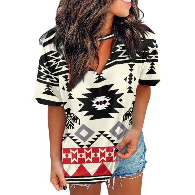 Hdjxbdhsv Customize Lady's Clothes Fashion Top Aztec Shirt Casual Blouse for Women Western Ethnic Style V Neck Choker Tee