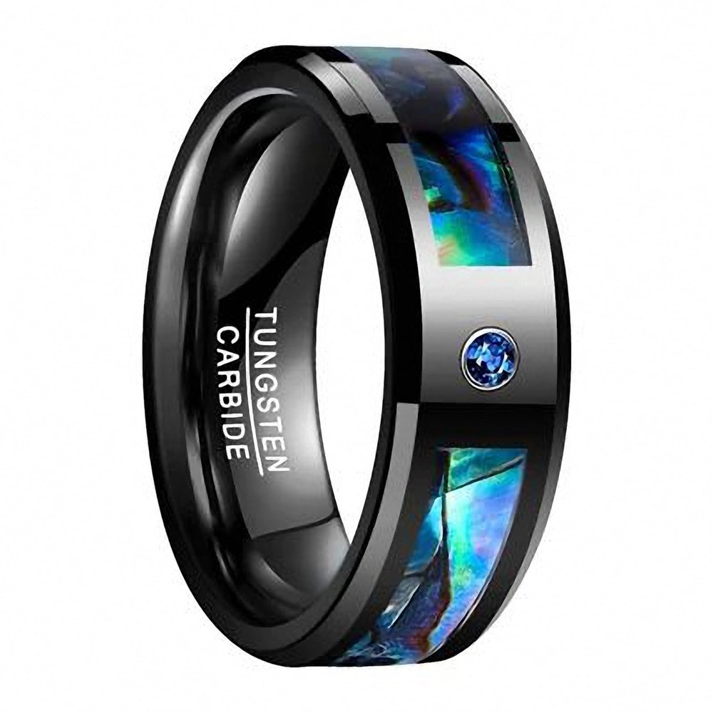 8 mm Men's Abalone Shell and Blue CZ Inlay Tungsten Rings Black Wedding Bands Beveled Edge 10