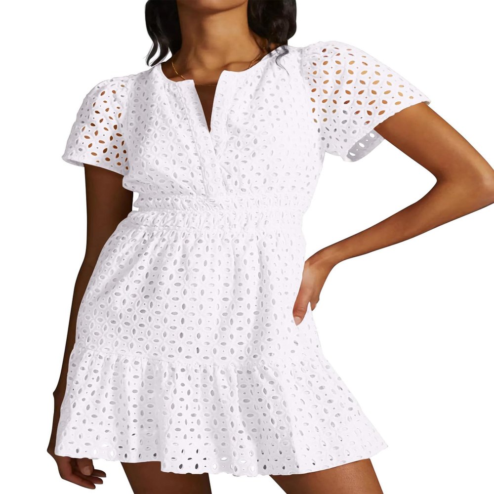 ABEHIK Summer Dresses for Women 2024 Short Sleeve Cute Casual Dress V Neck Hollow Out A Line Short Dress Beach Cocktail Party Bodycon Dresses Ruffle Maxi Dress White M