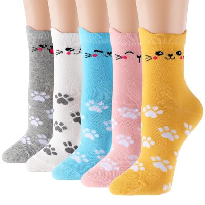 Clothirily 5 Pairs Women Cat Socks - Colorful Cute Animal Crew Socks, Novelty Funny Cat Dog Animal Socks, Cozy Crew Socks for Women