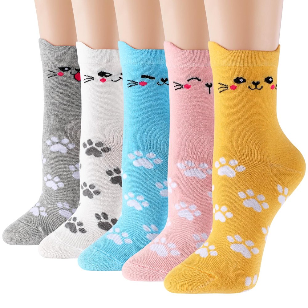 Clothirily 5 Pairs Women Cat Socks - Colorful Cute Animal Crew Socks, Novelty Funny Cat Dog Animal Socks, Cozy Crew Socks for Women