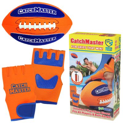 CatchMaster Water Football Set Pool & Beach Easy Catch Hook and Loop Ball + 2 Gloves, Waterproof Outdoor Backyard Game