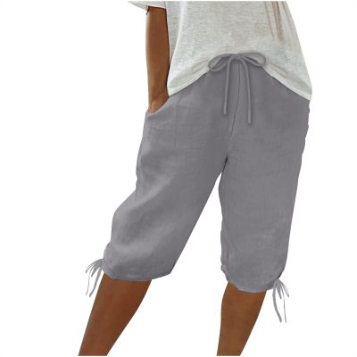 RKSTN Women Linen Shorts Summer Knee Length Pants Elastic Waist Bermuda Shorts Beach Capris Sweat Lounge Shorts with Pockets Womens Plus Size Cotton Half Pant 2024 Outfits for Pantalones A-Gray