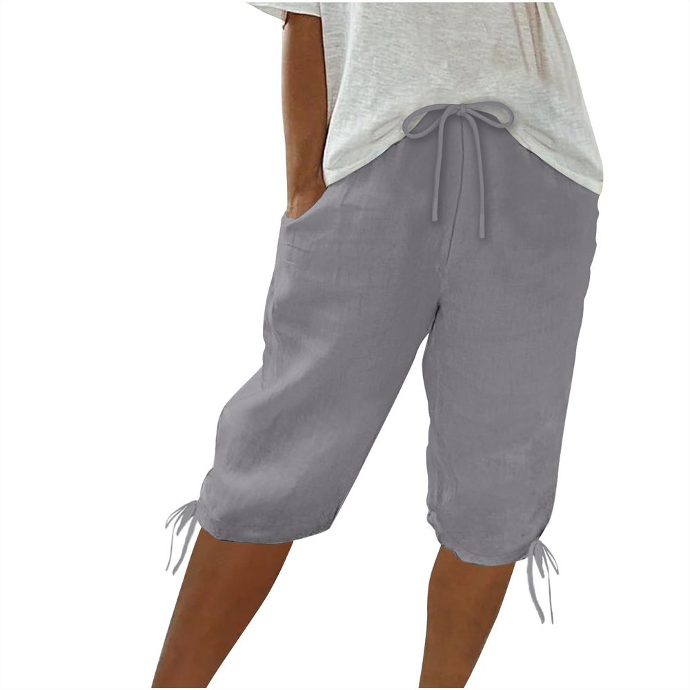 RKSTN Women Linen Shorts Summer Knee Length Pants Elastic Waist Bermuda Shorts Beach Capris Sweat Lounge Shorts with Pockets Womens Plus Size Cotton Half Pant 2024 Outfits for Pantalones A-Gray