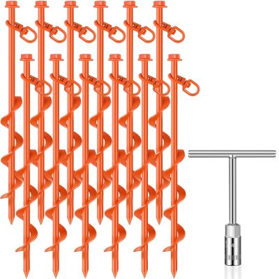 Zhengmy Giant Skeleton Accessories Ground Anchors Screw in, 12 Inch High Wind Heavy Duty Trampoline Anchor Hook Inflatable Outdoor Decorations Ground Stakes for Camping Canopies Ports(Orange,12 Pcs)