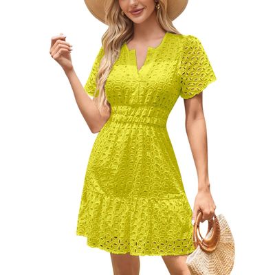 ABEHIK Casual Dresses for Women 2024 Cute Summer Short Sleeve Dress V Neck Hollow Out A Line Short Dress Beach Cocktail Party Bodycon Dresses Ruffle Maxi Dress Yellow M