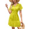ABEHIK Casual Dresses for Women 2024 Cute Summer Short Sleeve Dress V Neck Hollow Out A Line Short Dress Beach Cocktail Party Bodycon Dresses Ruffle Maxi Dress Yellow M view 1