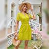 ABEHIK Casual Dresses for Women 2024 Cute Summer Short Sleeve Dress V Neck Hollow Out A Line Short Dress Beach Cocktail Party Bodycon Dresses Ruffle Maxi Dress Yellow M view 2