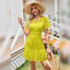 ABEHIK Casual Dresses for Women 2024 Cute Summer Short Sleeve Dress V Neck Hollow Out A Line Short Dress Beach Cocktail Party Bodycon Dresses Ruffle Maxi Dress Yellow M view 3