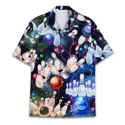 Retro Galaxy Bowling Hawaiian Shirt Colourful Bowling Ball Hawaiian Shirt Casual Short Sleeve Shirt Neon Button Down Shirt