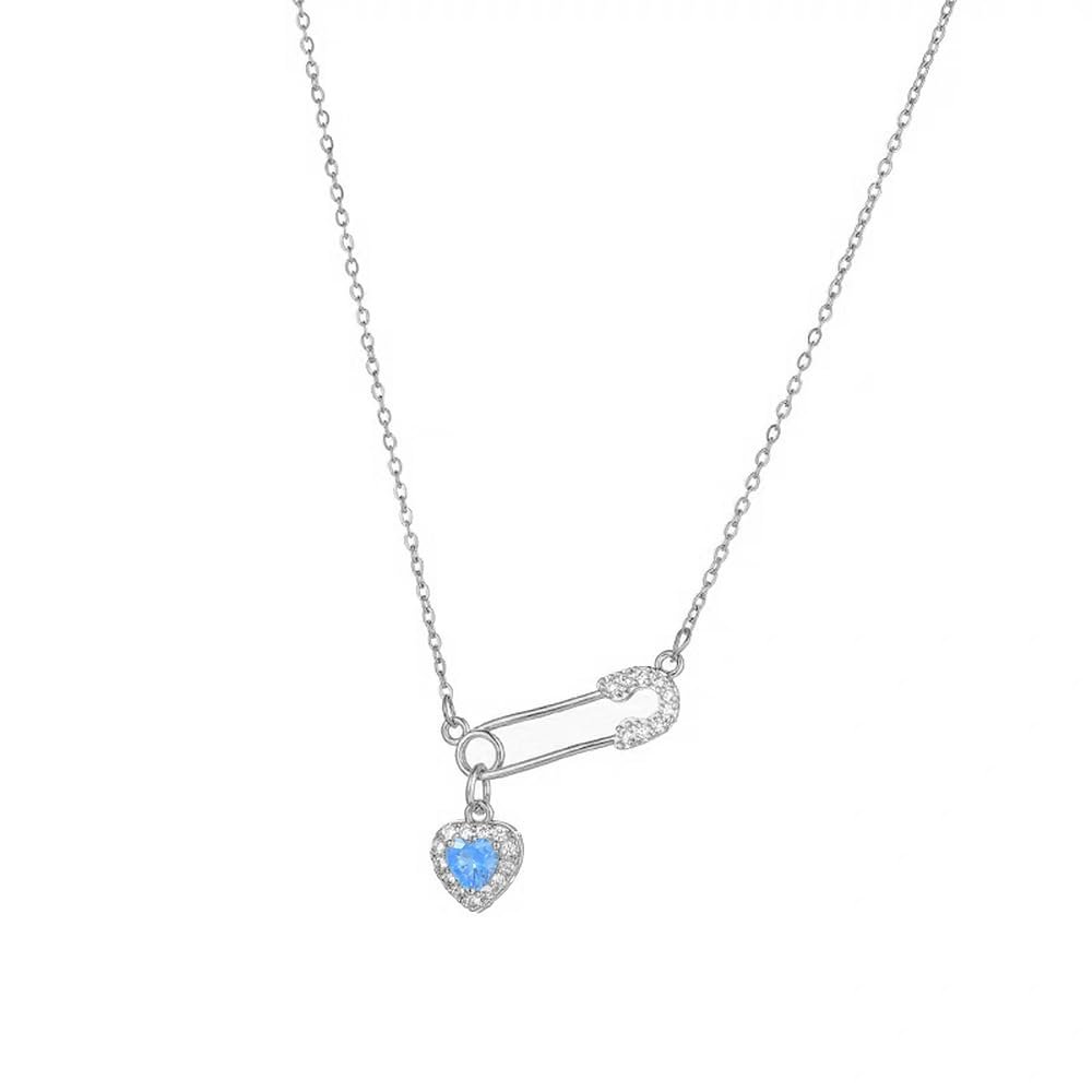 NewZenro Dainty Safety Pin With Colorful Heart Charm Silver Plated Choker Necklace for Women Cubic Zirconia Love Paper Clip Pendant Necklaces Adjustbale Chain Fashion Y2K Jewlery (Blue CZ)