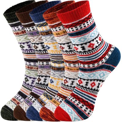 5 Pairs Wool Socks - Wool Socks for Women, Warm Cozy Crew Sock, Warm Womens Winter Sock, Thick Knit Cabin Cozy Gifts for Women, 6-10