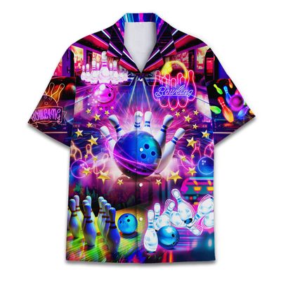 Neon Bowling Ball Hawaiian Shirts for Men Colourful Bowling Pins Button Down Shirt Mens Cool Hawaiian Shirts Short Sleeve