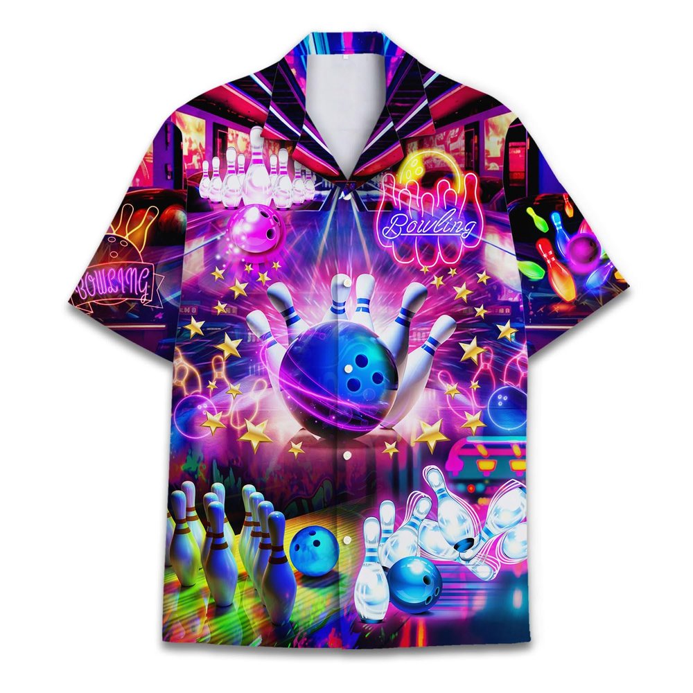 Neon Bowling Ball Hawaiian Shirts for Men Colourful Bowling Pins Button Down Shirt Mens Cool Hawaiian Shirts Short Sleeve
