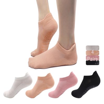 Tamlien Yoga Socks, Pilates Grip Socks 4 Pairs Non-Slip Socks for Yoga, Barre, Sports Home Slipper Socks Barefoot Workout Pregnant Crew Socks (Black/Light Pink/Orage/White