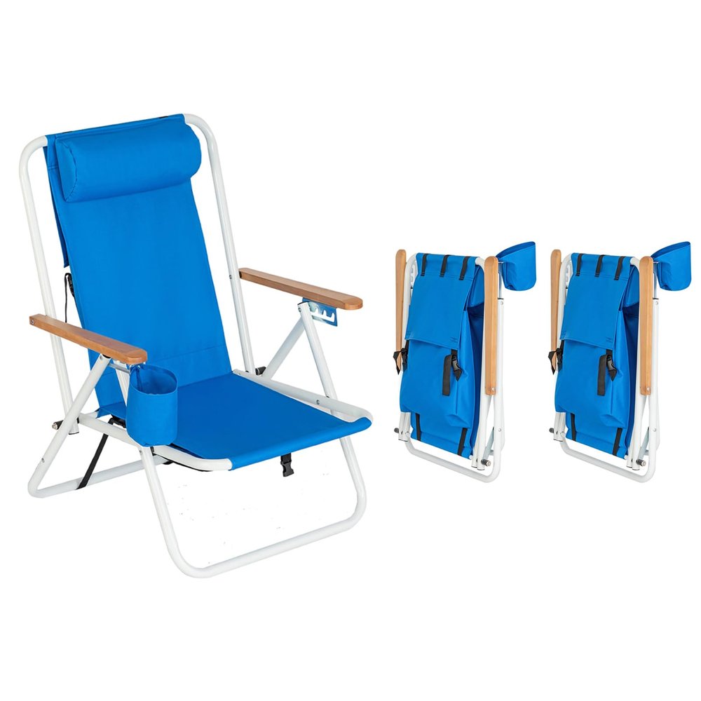 1/2/5PCS Adjustable Portable Beach Chair with Headrest and Cup Holder, High-Strength Blue, Lightweight Foldable Chair for Outdoors, Camping, and Beach (2)