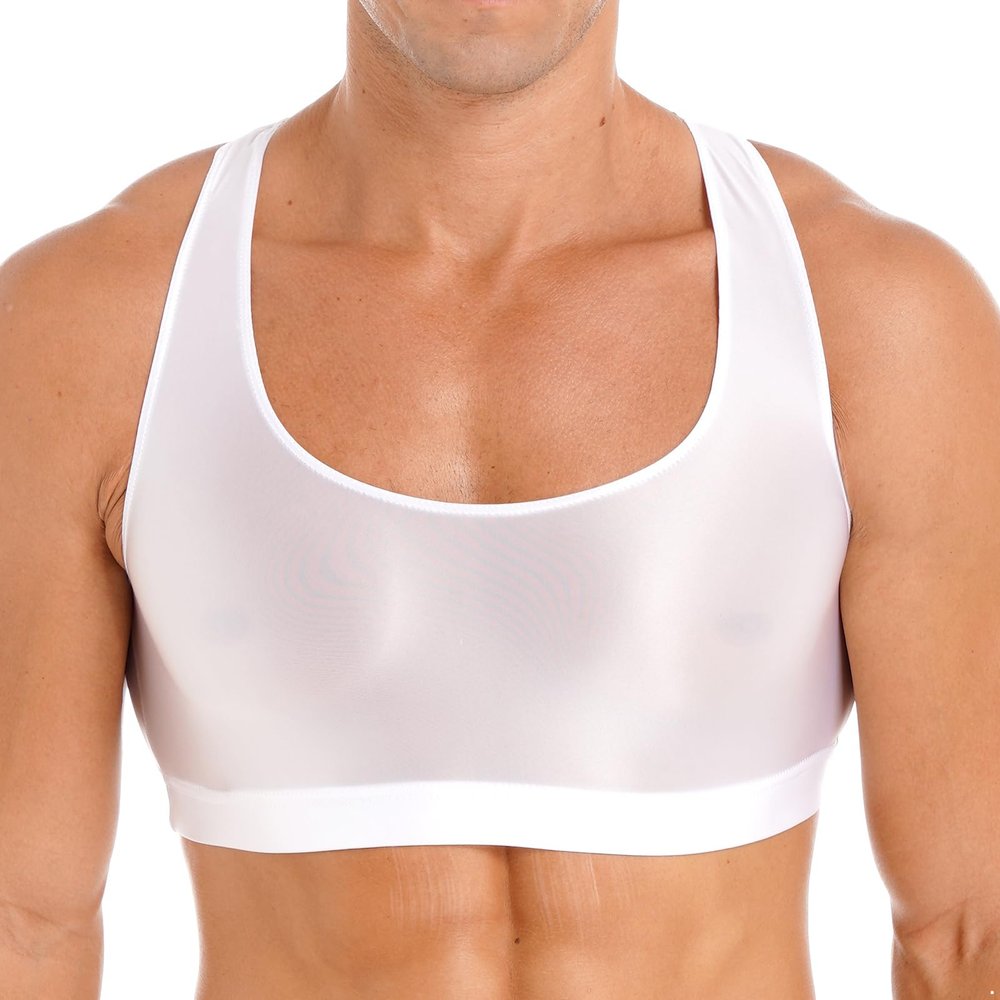 Moily Mens Shiny Glossy Muscle Half Crop Tank Top Tee T-Shirts Fitness Gym Sports Bra Clubwear White Large