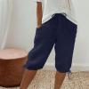 Women Linen Shorts Summer Knee Length Pants Elastic Waist Bermuda Shorts Beach Capris Sweat Lounge Shorts with Pockets Womens Plus Size Cotton Half Pant 2024 Outfits for Business Casual Work Vacation view 2