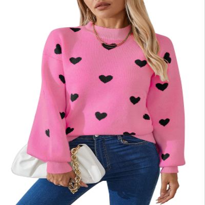 Allifewithu Women's Long Sleeve Mock Neck Sweaters Loose Casual Cute Heart Pullover Sweater Hot Pink X-Large